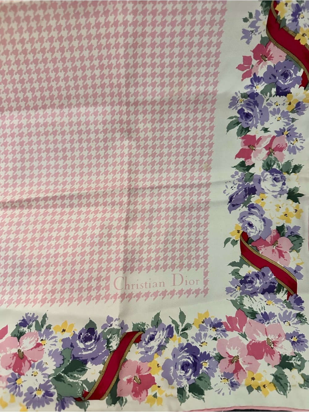 CHRISTIAN DIOR ❤️🌟 HOUNDSTOOTH FLORAL BORDER SILK SCARF ITEM # 1224180